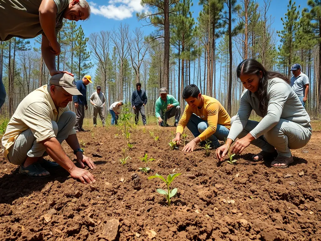 A vibrant image depicting volunteers planting trees in a deforested area, symbolizing the association's commitment to ecosystem restoration.