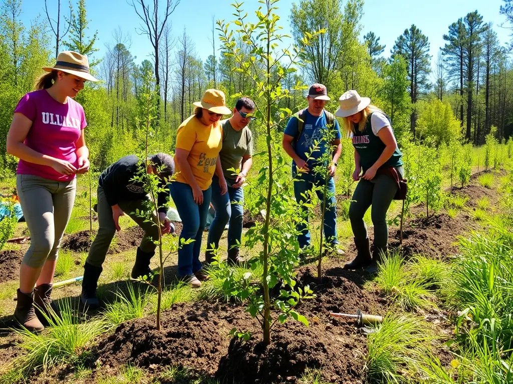 A team of volunteers planting native trees in a lush, restored woodland area, with vibrant greenery and clear skies, symbolizing the Ecosystem Restoration Program.