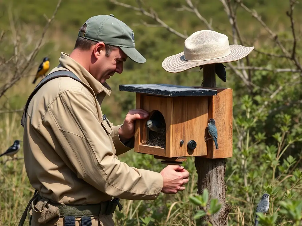 A conservation officer inspecting a bird nesting site in a protected rural area, with native wildlife in the background, representing Wildlife Regulation and Management.