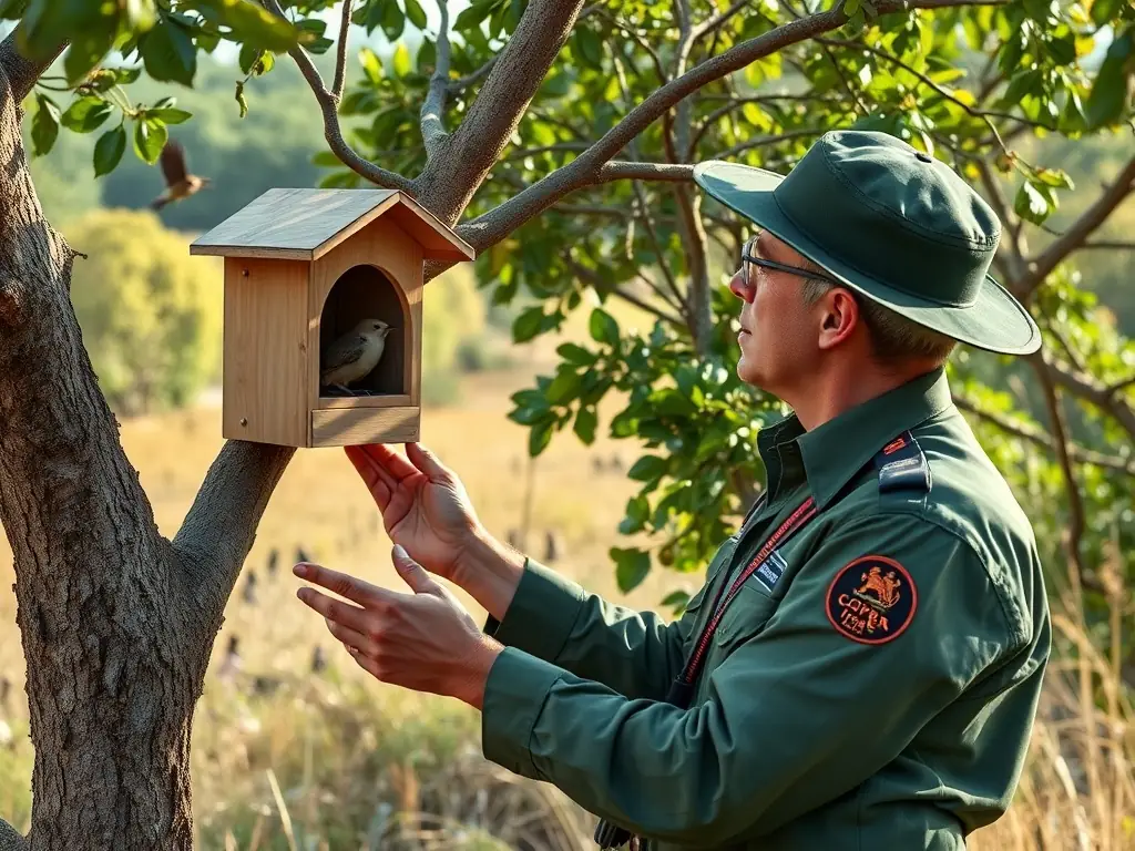 A conservation officer inspecting a bird nesting site in a protected rural area, with native wildlife in the background, showcasing the Wildlife Regulation and Management service.