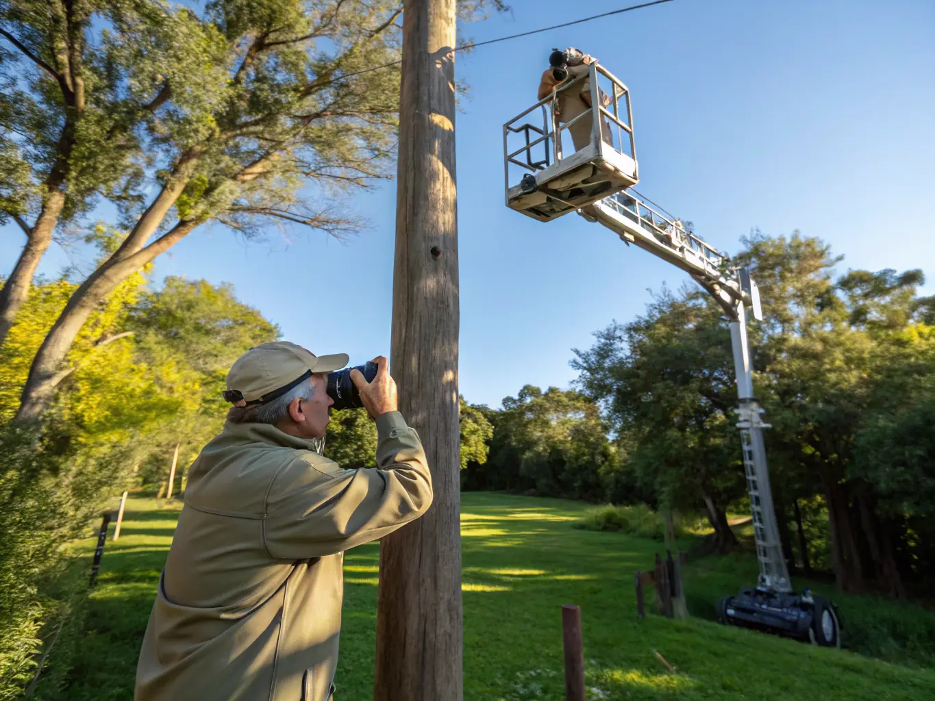 A photograph showcasing a wildlife monitoring team using camera traps to track and protect local animal populations in their natural habitat.