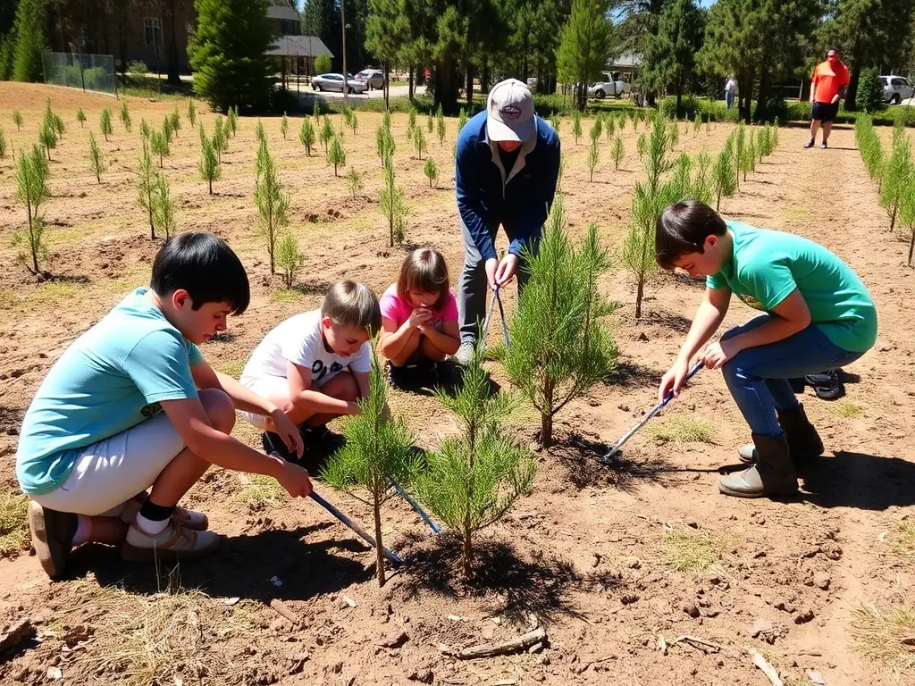 A vibrant image depicting volunteers planting trees in a deforested area, symbolizing the ASSOCIATION DES PROPRIETAIRES ET CHASSEURS DE LERE's commitment to ecosystem restoration.