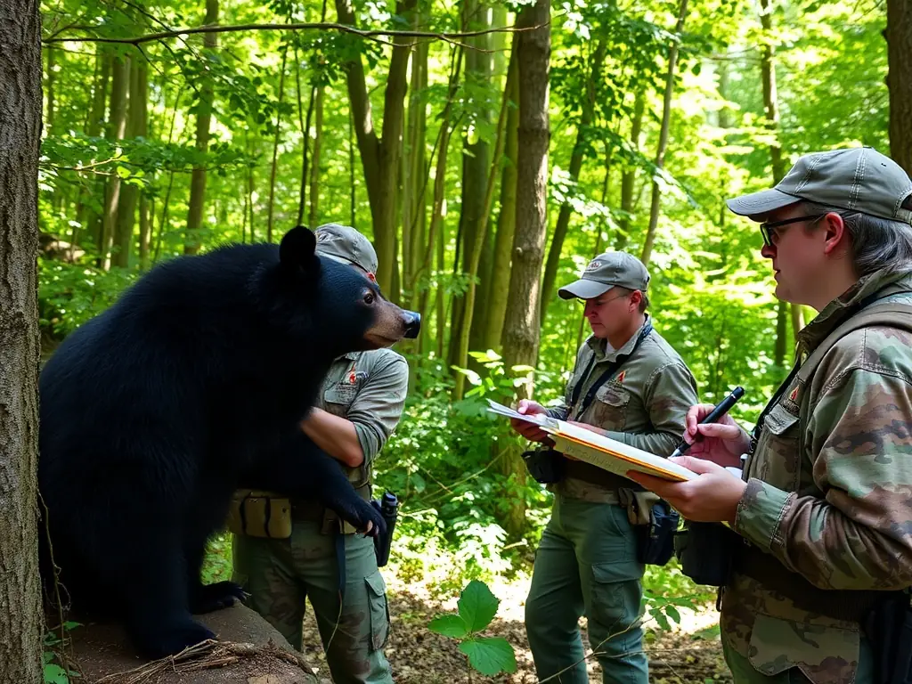 A photograph of a wildlife monitoring team in action, using camera traps and tracking techniques to study local animal populations. The image should highlight the scientific and community-based aspects of the Wildlife Regulation and Management program.