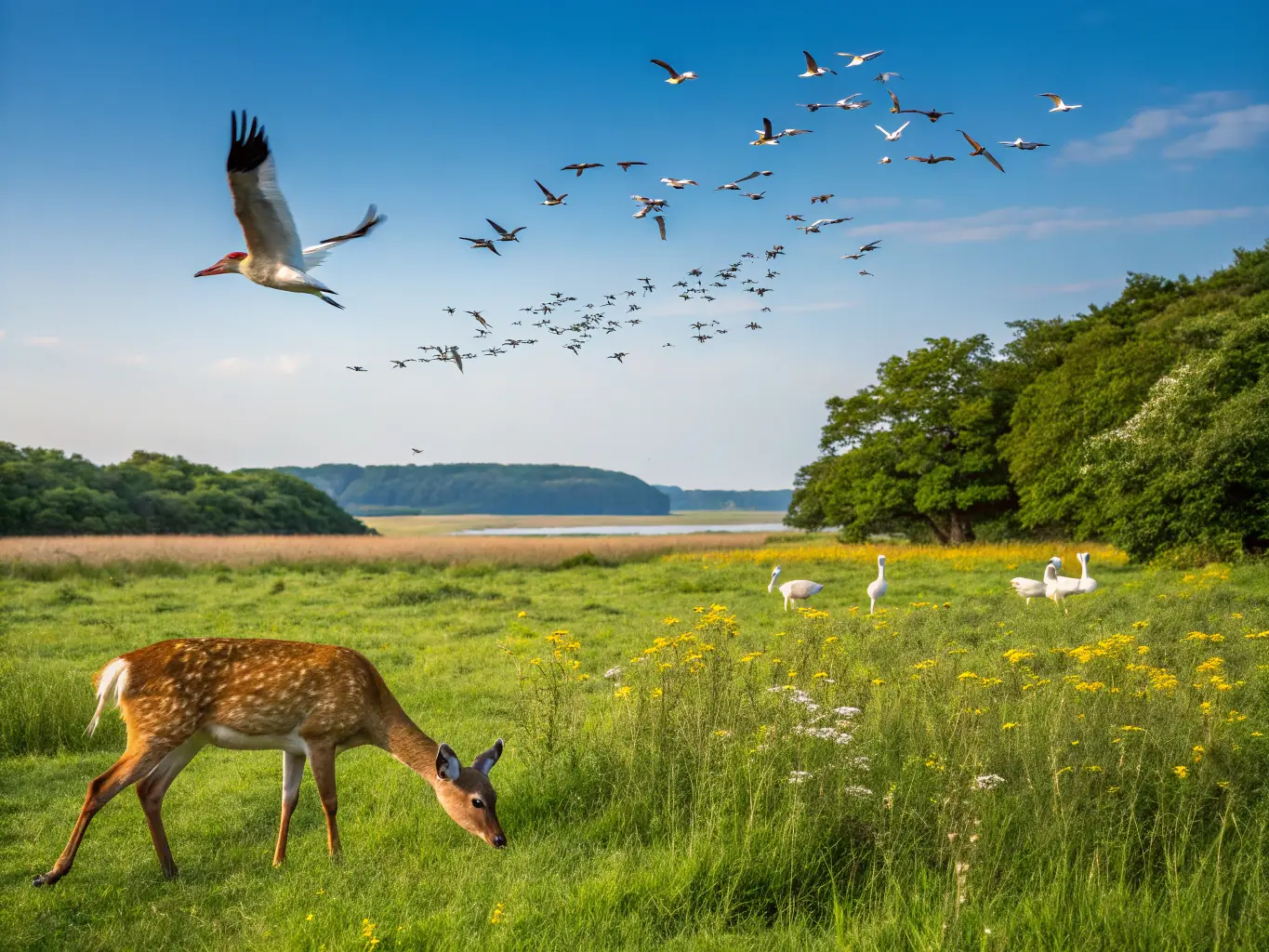 A wildlife reserve with various animals such as deer, birds, and foxes, illustrating wildlife regulation and management.