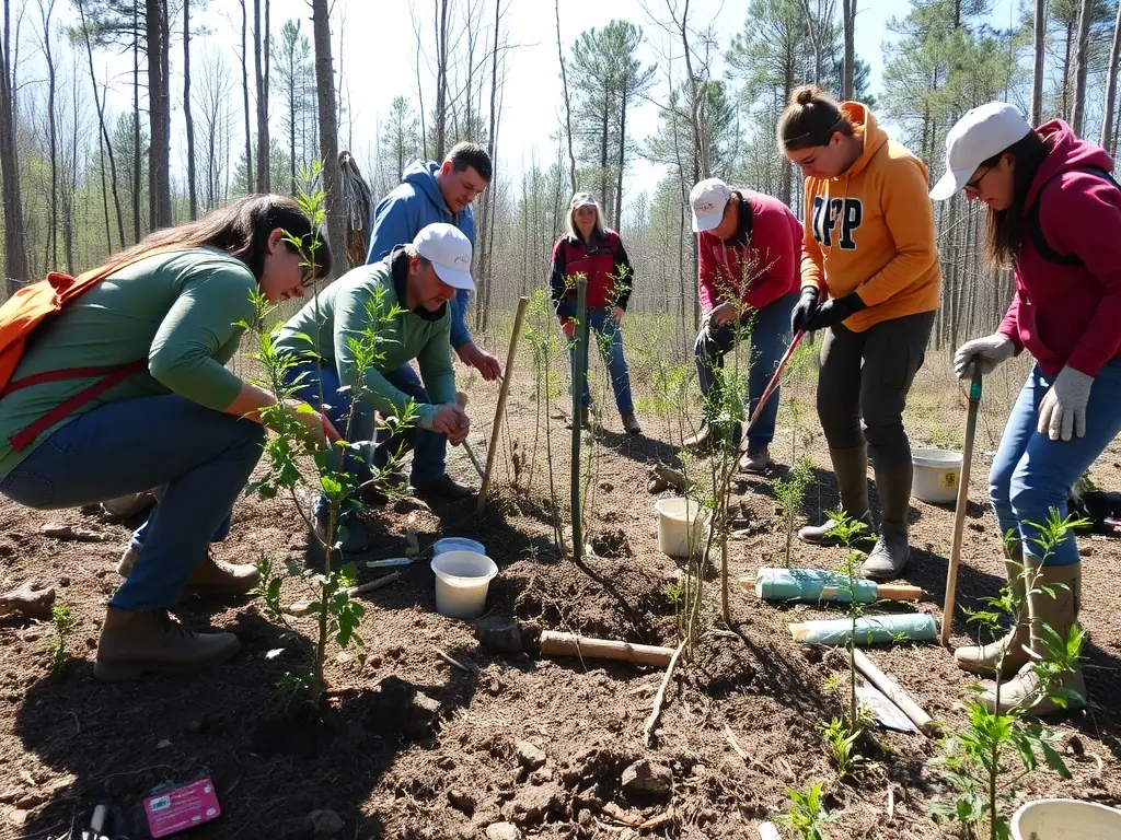 A team of volunteers planting native trees in a lush, restored woodland area, with vibrant greenery and clear skies, symbolizing the impact of the Ecosystem Restoration Program.