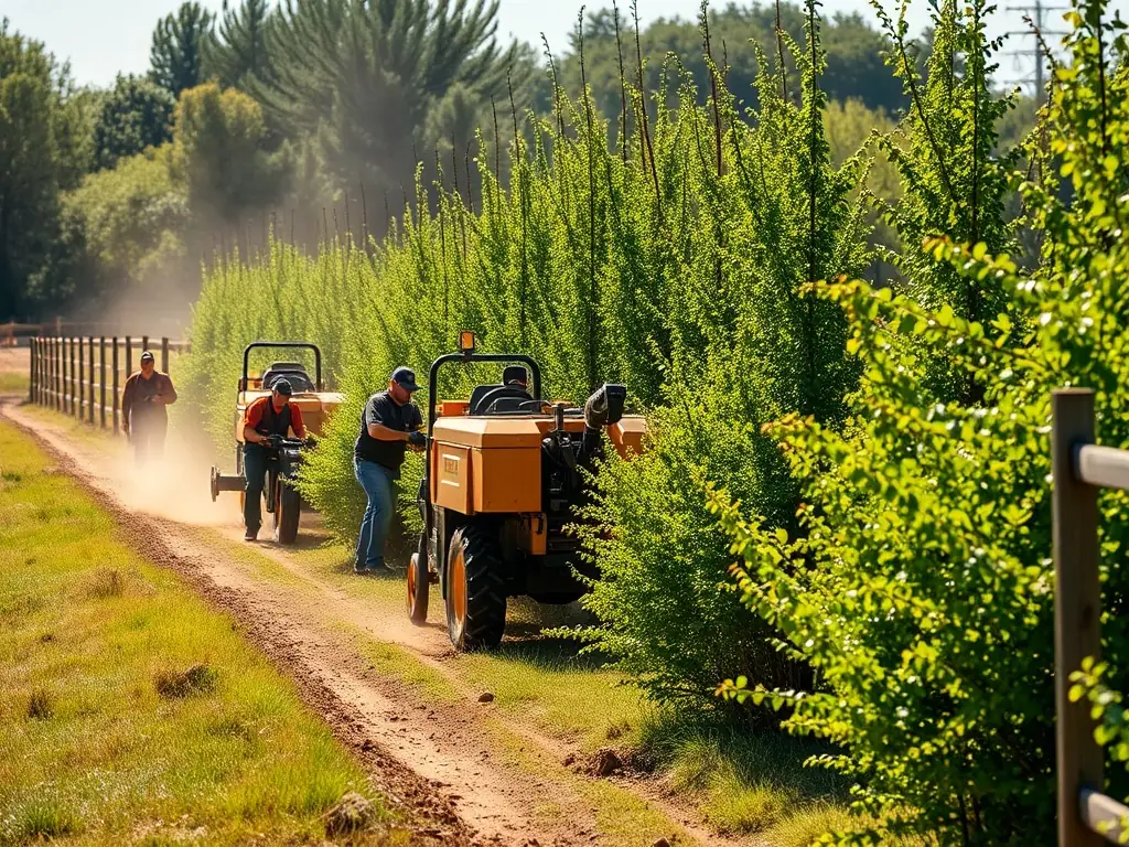 A team of workers clearing overgrown paths in a rural landscape, with scenic fields and forests, illustrating Rural Space Maintenance.