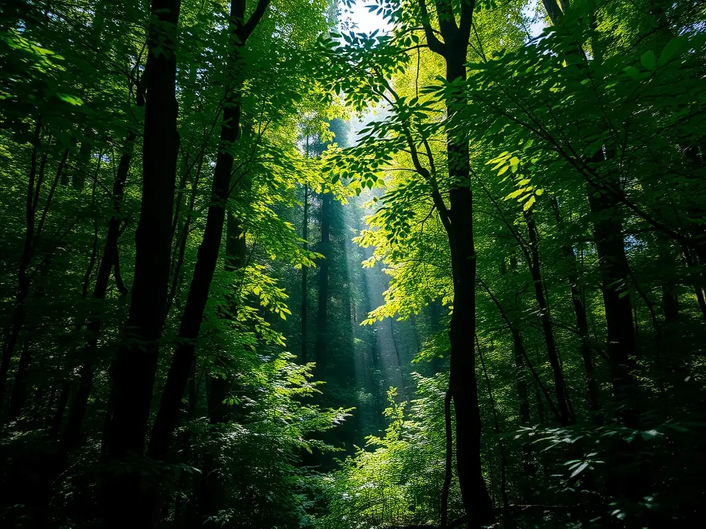 A lush, green forest scene with diverse plant life, symbolizing the Ecosystem Restoration Program of ASSOCIATION DES PROPRIETAIRES ET CHASSEURS DE LERE. The image should convey a sense of renewal and natural beauty.