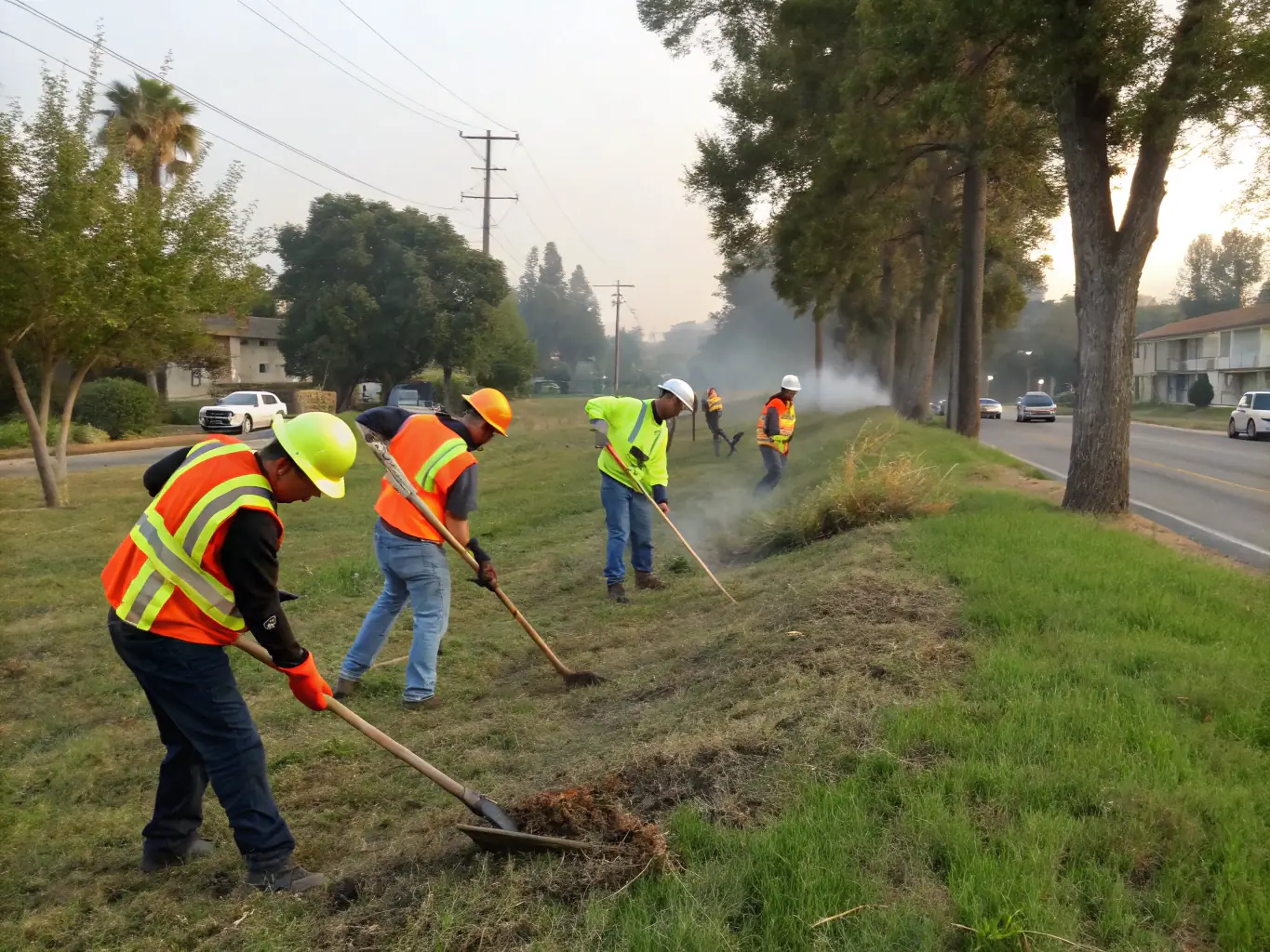 A team of workers clearing overgrown paths in a rural landscape, with scenic fields and forests, illustrating the Rural Space Maintenance service.
